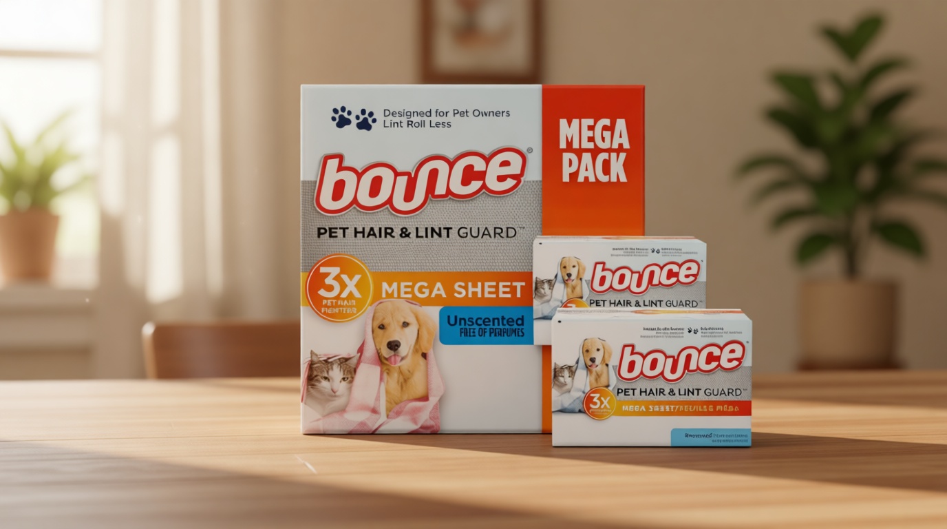 Bounce Pet Hair and Lint Guard Mega Dryer Sheets with 3X Pet Hair Fighters, Unscented, 130 Count