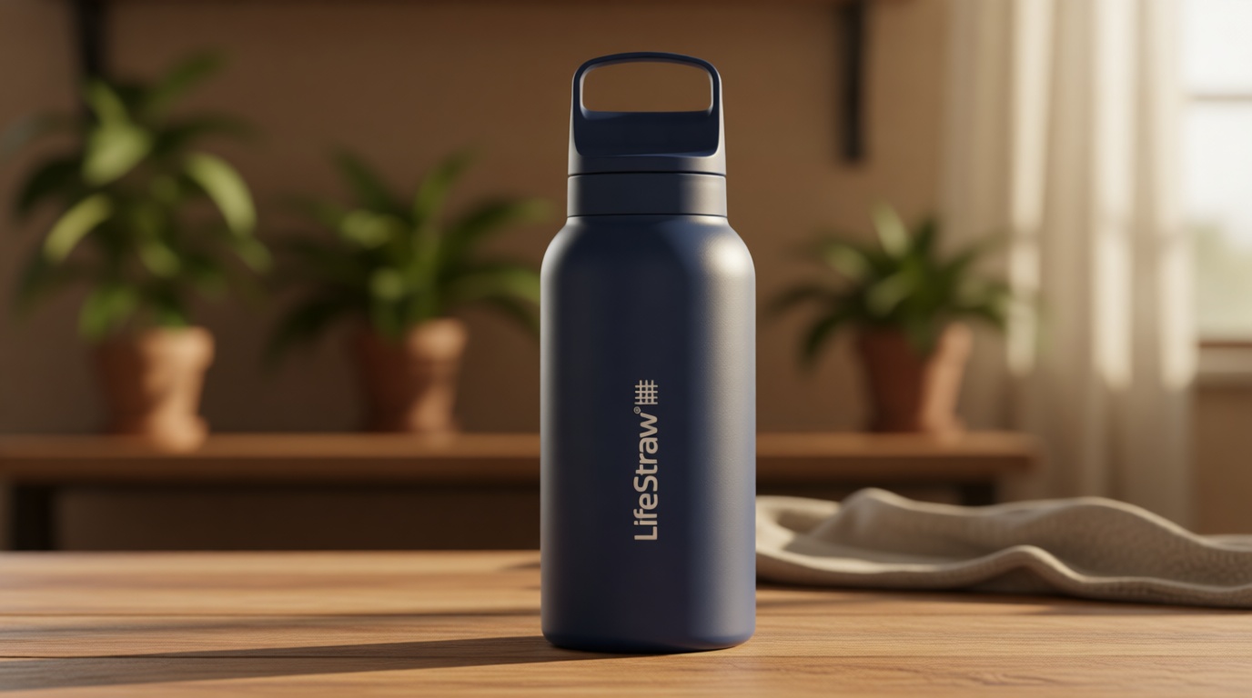 LifeStraw Go Series — Insulated Stainless Steel Water Filter Bottle for Travel and Everyday Use Removes Bacteria, Parasites and Microplastics, Improves Taste, 1L Aegan Sea