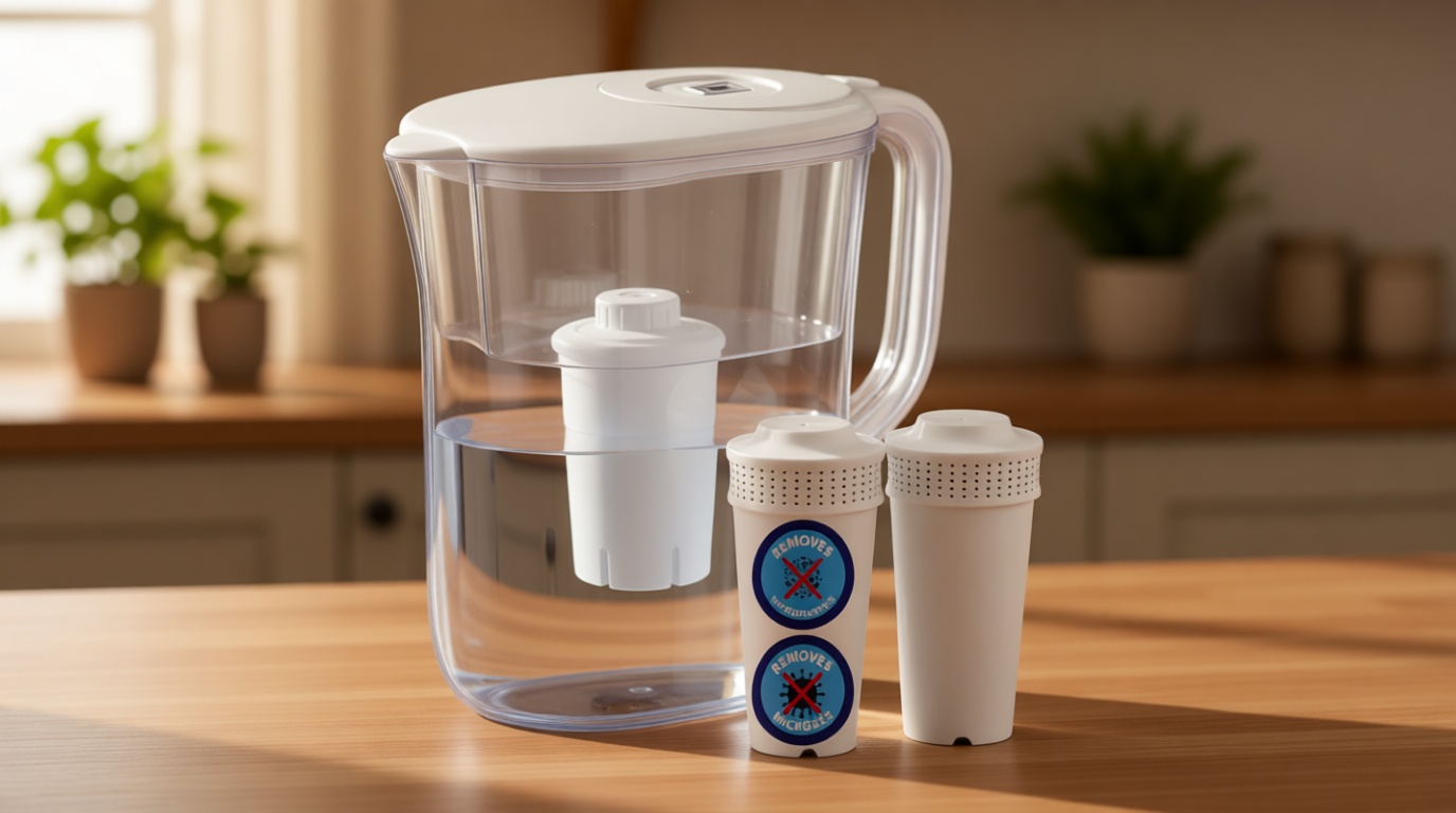 10 Cup Water Filter Pitcher with 2 Ultrafiltration & Carbon Filters - Removes Microbes, PFOA/PFOS, Microplastics, Heavy Metals & More - Compatible with Brita Water Pitcher/Brita Filter Replacement