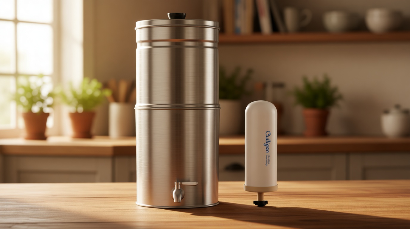 Culligan MaxClear 2.25 Gallon Gravity Water Filter System, Removes Microplastics, PFAS & Lead, NSF/ANSI Certified, Brushed Stainless-Steel Countertop Filter with 1 Ceramic Filter