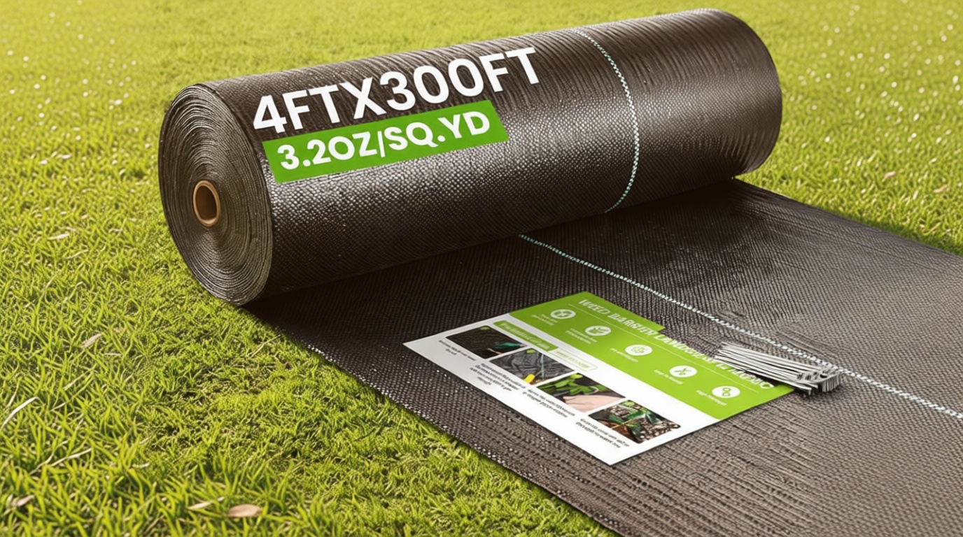 Rintea 4FTX300FT Weed Barrier Fabric, 3.2oz Landscape Fabric, Durable Weed Barrier Fabric Heavy Duty with 20 U-Shaped Securing Pegs for Landscaping Weed Blocker Garden Bed Cover, Commercial Driveway