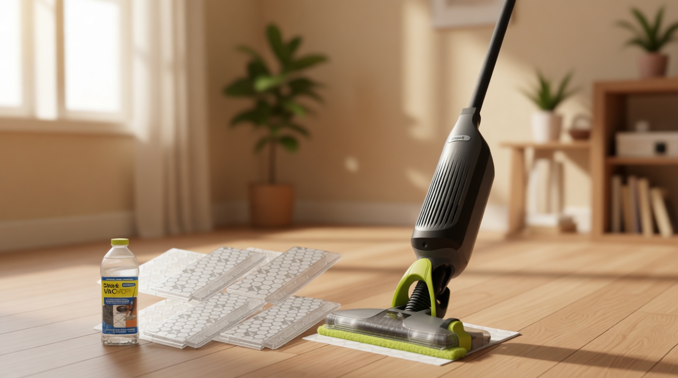 Shark VACMOP Cordless Hard Floor Cleaner, Vacuum and Spray Mop, Powerful Suction, Lightweight, LED Headlights, Includes 4 Disposable Pads, 12oz Multi-Surface Cleaning Solution, Gray, VM252