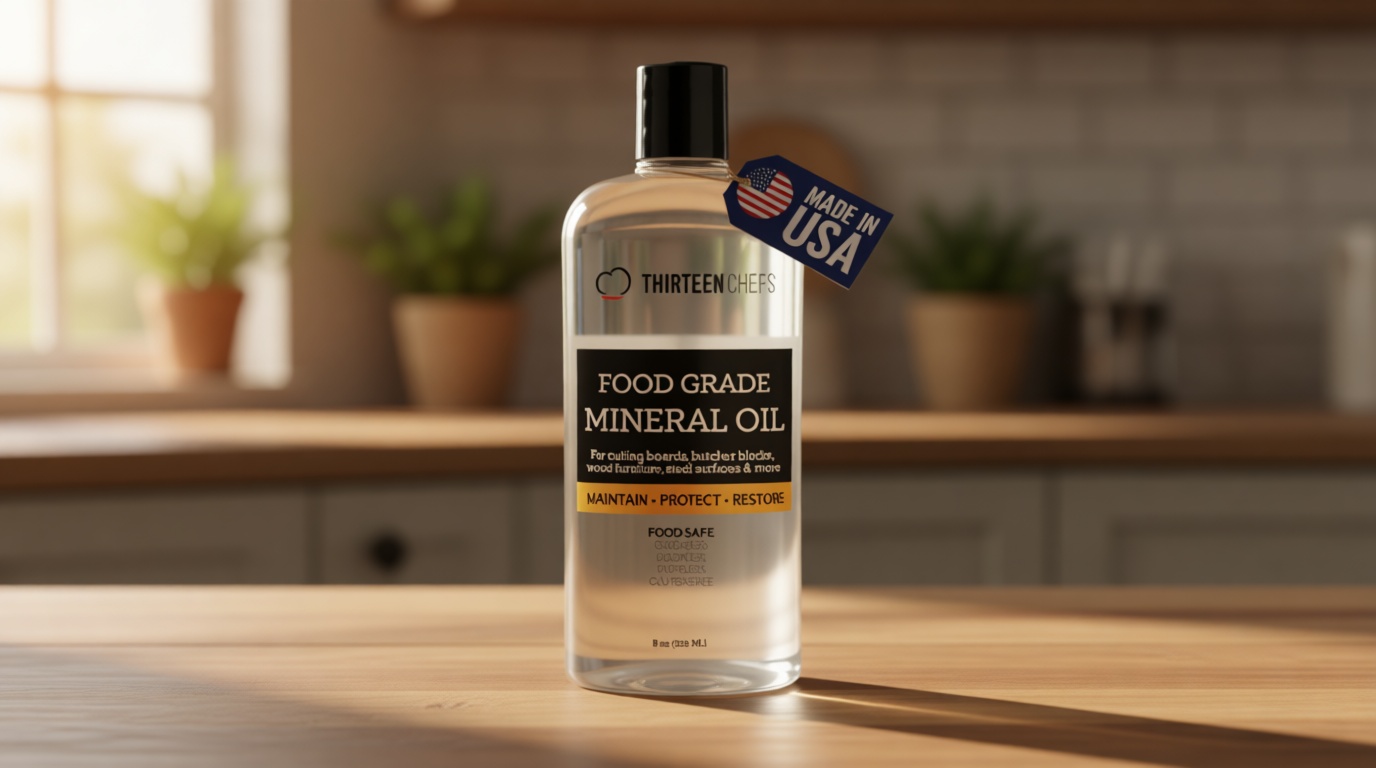 Thirteen Chefs Mineral Oil - 8 oz Food Grade Conditioner for Wood Cutting Board, Countertop & Butcher Block, Lubricant for Knife or Meat Grinder - Safe USP Finish on Marble, Soapstone