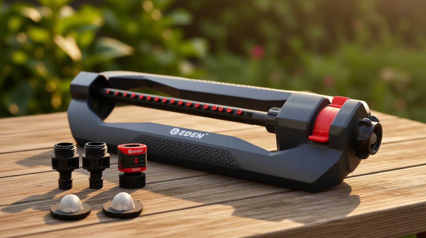 Eden 96213 Essential Turbo Oscillating Water Sprinkler, Covers Up to 3,600 sq. ft., 16 Nozzles, Weighted Base, Adjustable Range, Quick Connect Bundle, Dark Grey, Red, Silver