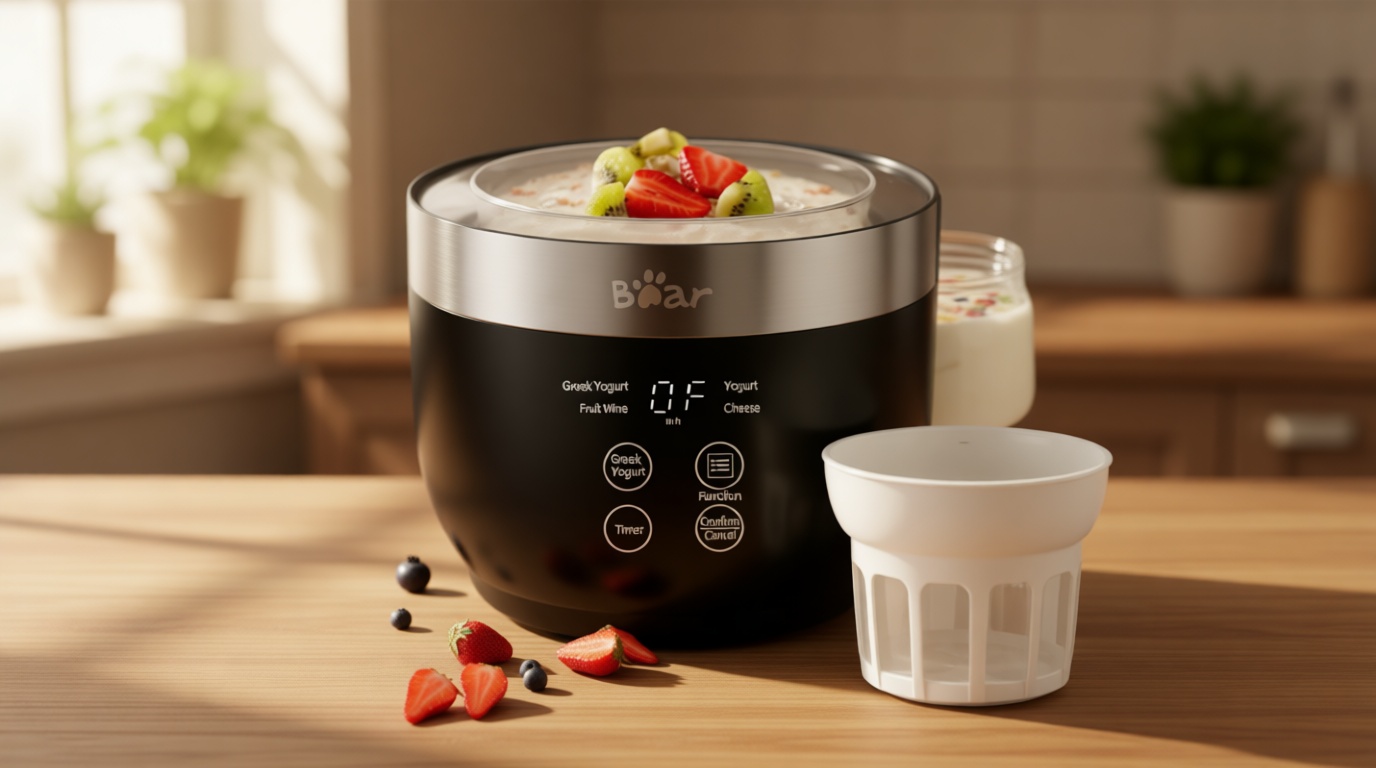 Bear Yogurt Maker, Greek Yogurt Maker Machine with Strainer and Timer Control, Stainless Steel Inner Pot, Automatic Digital with 2 Glass Jars 1 Quart for Home Organic Yogurt, Cheese, Fruit Wine