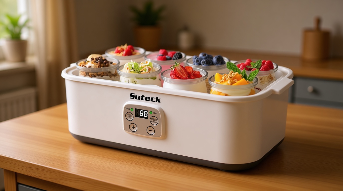 Suteck Yogurt Maker - Stainless Steel Yogurt Makers with Adjustable Time & Temp Control，Automatic Shut-Off & Constant Temper for Homemade Greek, Probiotic Yogurt, BPA-Free 8 Glass Jars (48 oz) Global Recycled Standard