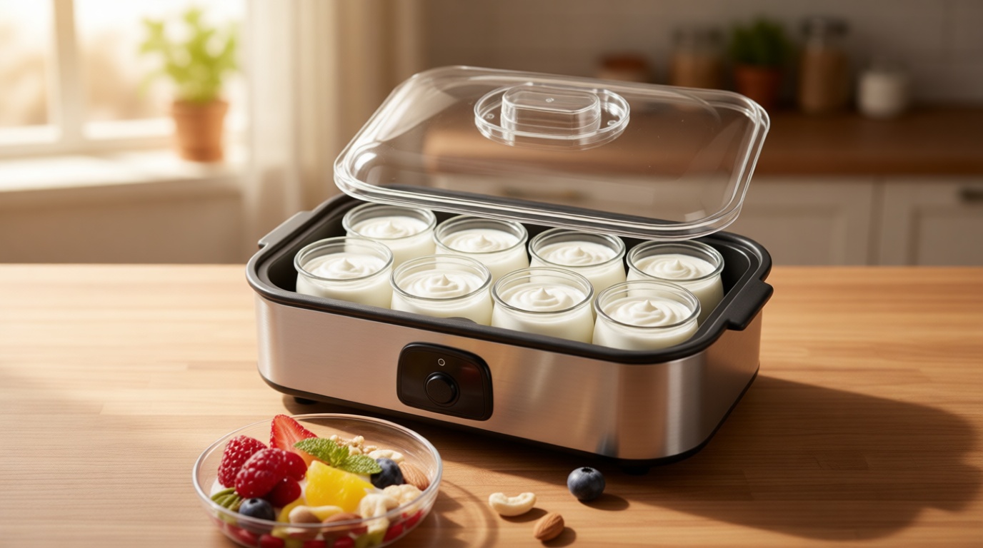 JoyMech Yogurt Maker Machine, 8 Glass Jars with Lids Reusable for Yoghurt, Oatmeal, Pudding, or Jello, Food-Grade Martial, One-touch Control, Homemade Yogurt