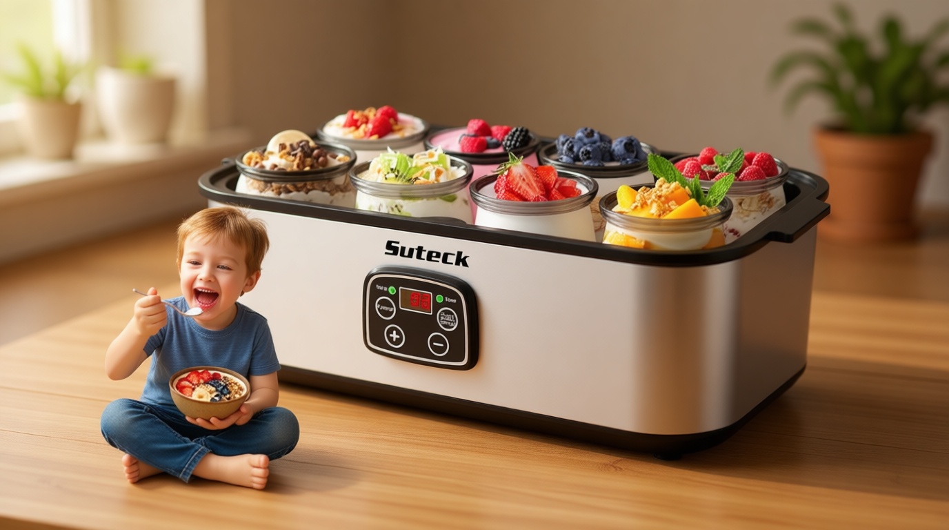 Suteck Yogurt Maker - Stainless Steel Yogurt Makers with Adjustable Time & Temp Control，Automatic Shut-Off & Constant Temper for Homemade Greek, Probiotic Yogurt, BPA-Free 8 Glass Jars (48 oz), Black Global Recycled Standard