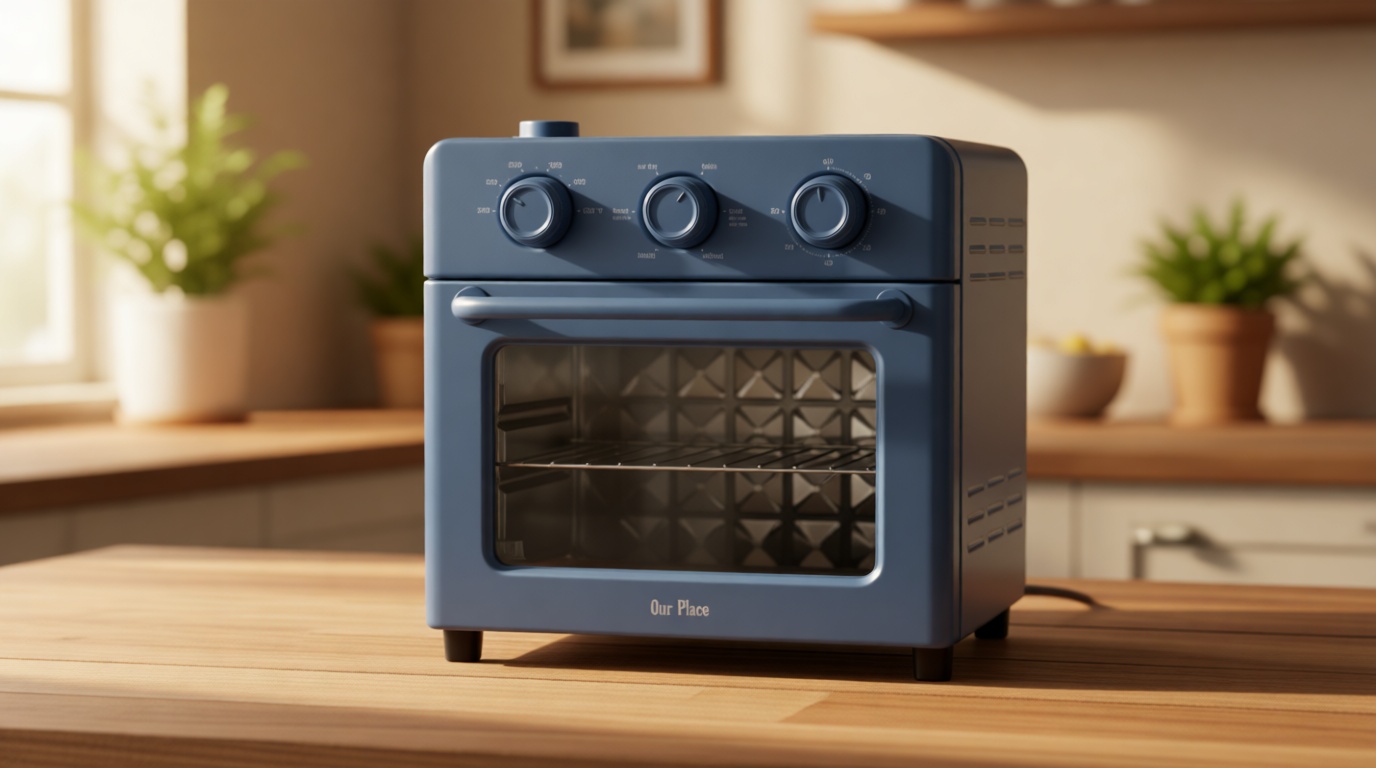 Our Place Wonder Oven | 6-in-1 Stainless Steel Air Fryer Toaster Oven Combo with Basket, Rack, Pan & Tray | Compact 13 QT Countertop Capacity - Toast, Roast, Bake, Reheat, Broil & Steam | Blue Salt
