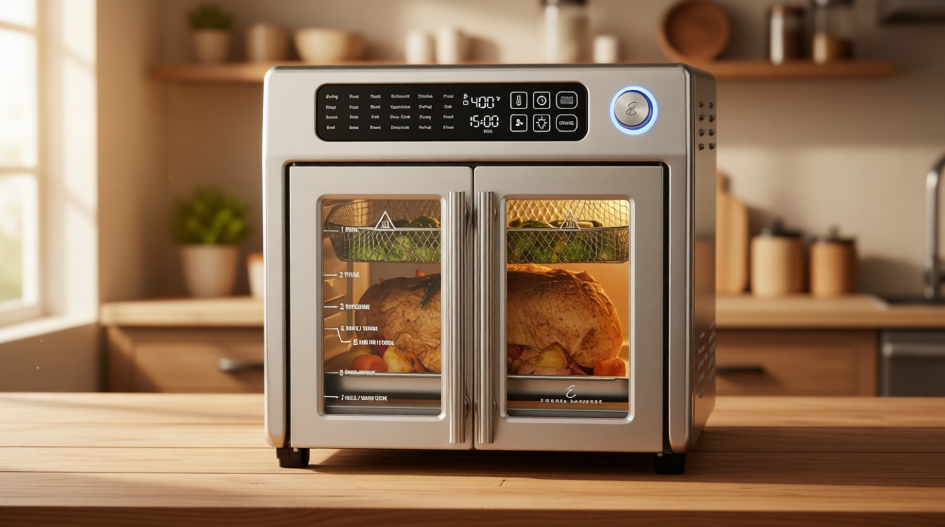 Emeril Lagasse Extra Large French Door Air Fryer Toaster Oven Combo, 24 Cooking Functions and Digital Controls, 7 Accessories Included, Stainless Steel Finish, 26QT Capacity