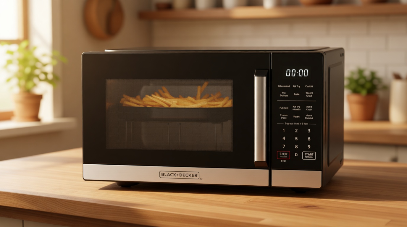 BLACK+DECKER 5-in-1 Microwave Oven with Air Fry, Combi, Bake, Roast, and Convection Cooking, 0.9 cu. ft. Countertop Microwave, Stainless Steel, 900 Watts, Child-Lock, ES9P032NA