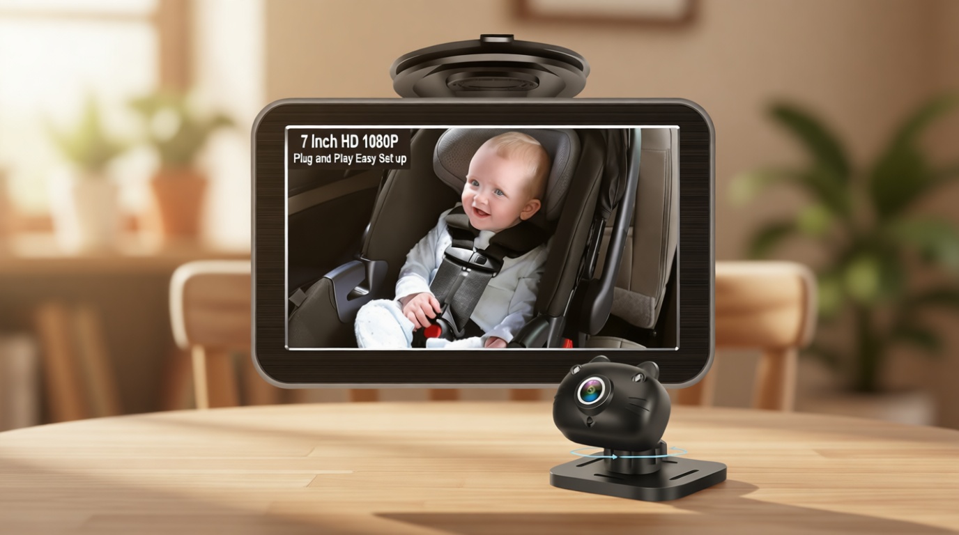 DoHonest Baby Car Camera 7-Inch: USB Plug and Play Easy Setup 360 Degree Rotating Backseat Camera Two Kids HD 1080P Rear Facing Car Seat Cameras Clear Night Vision -V9