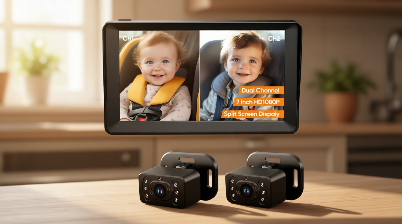 Baby Car Camera for 2 Kids - 7 Inch HD1080P Split Screen Baby Monitor with Dual Backseat Camera 150° Wide View & 360° Rotatable, Night Vision Easy Install, Rear-Facing Baby Car Mirror