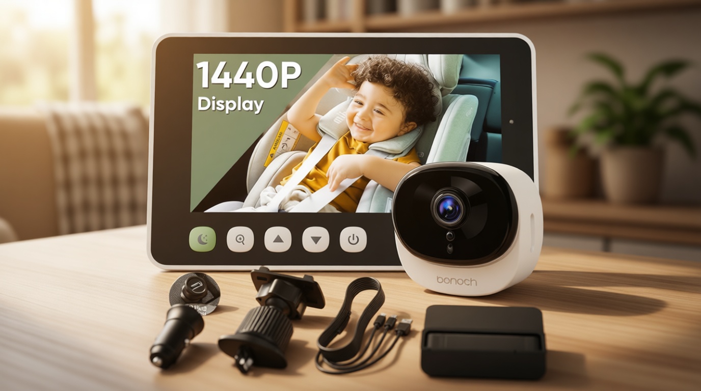 bonoch 5" 1440P Baby Car Camera, Clearest Monitor with 360° Rotating Wide View, Backseat Rear Facing Mirror for Baby, USB Powered with Charger, Easy Setup, Night Vision, Plug & Play Safe Driving
