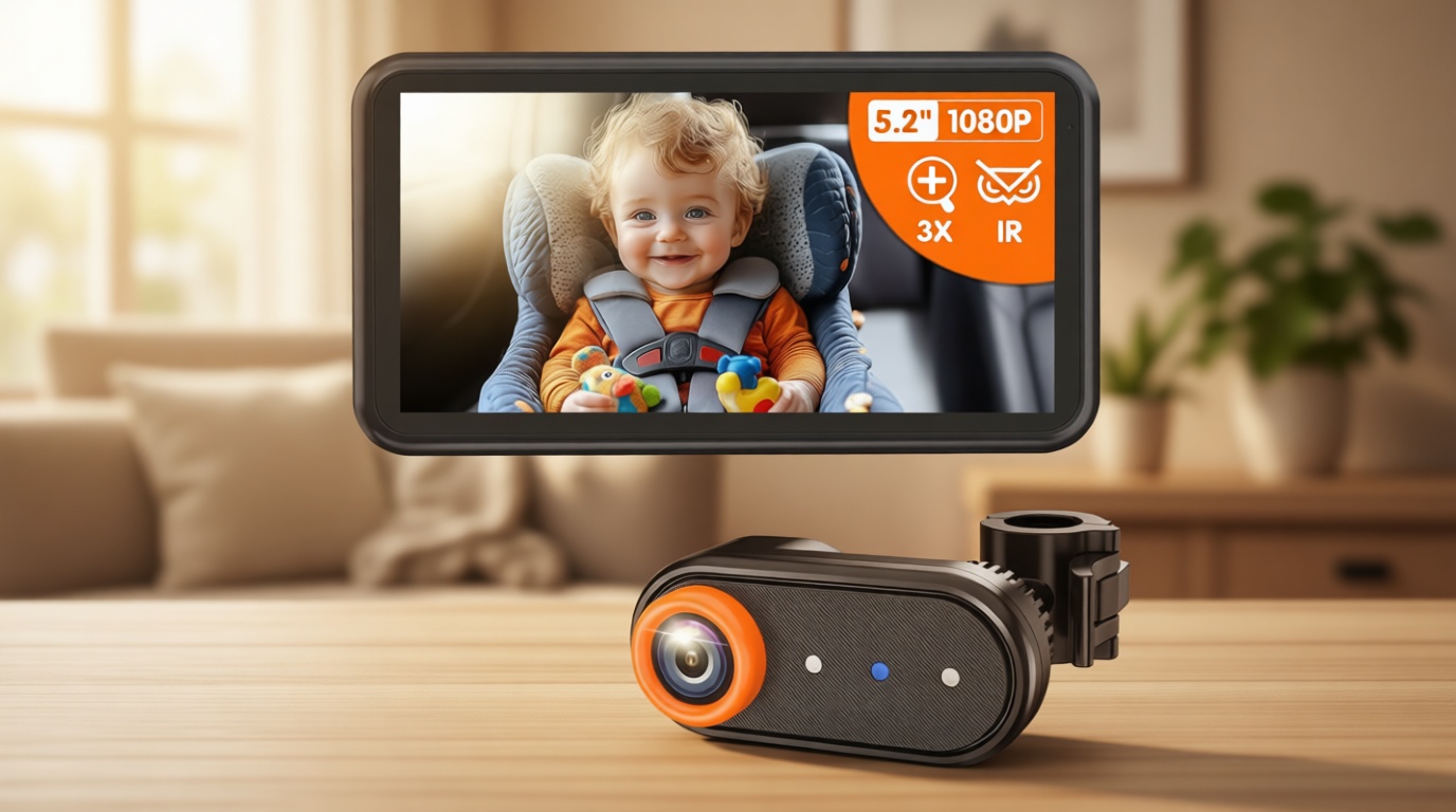 LUCKVIEW BM2A Baby Car Camera – 3X Zoom to See Baby Clearly, 5.2" 1080P Display & Auto IR Night Vision, Rear-Facing View Monitor, Easy Install for Parents & Pet Owners