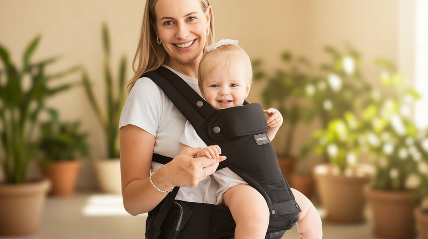 Momcozy Baby Carrier with Hip Seat, 2-in-1 Forward-Facing Carry for Long Walks, Detachable Hands-Free Infant Carrier up to 44lbs, All Seasons Toddler Carrier Fits Waist Sizes up to 45 Inches, Black