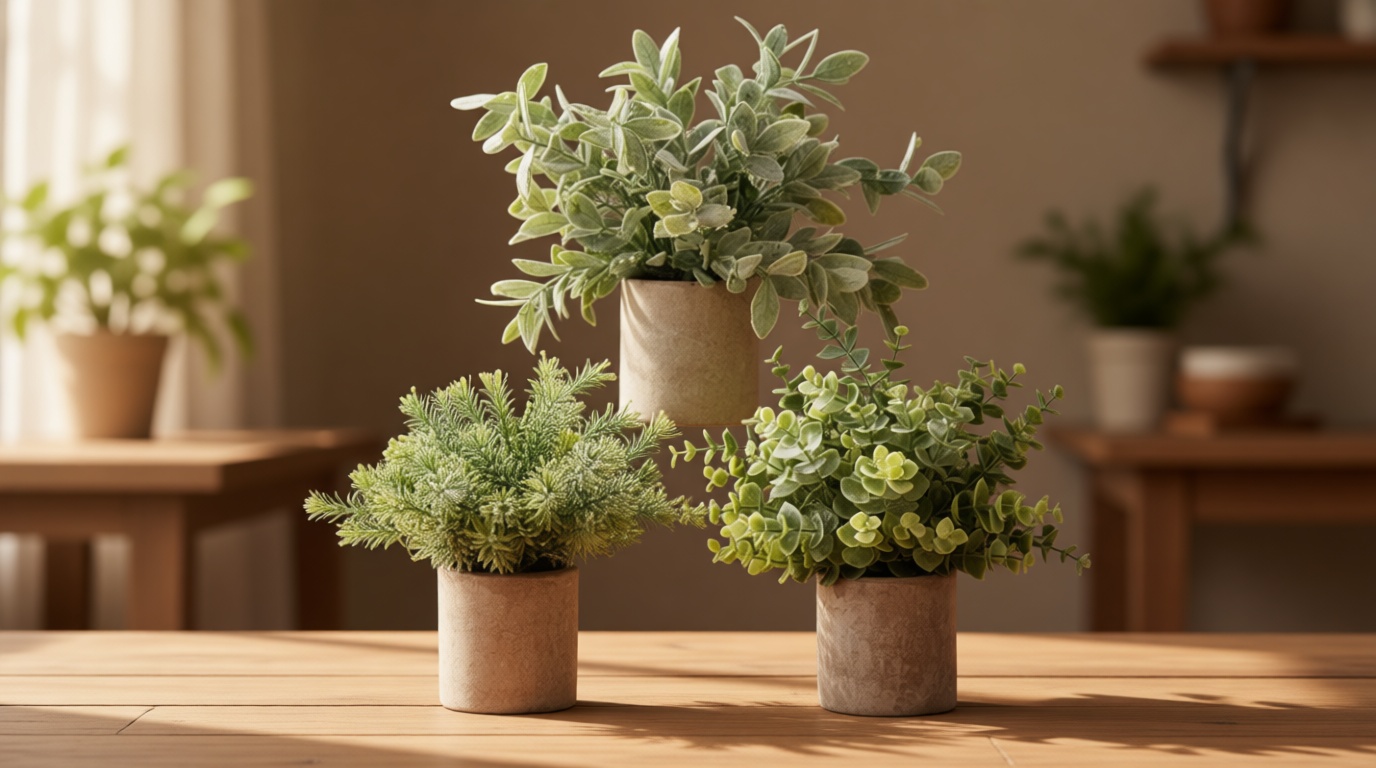 Der Rose 3 Pack Mini Potted Fake Plants Artificial Plastic Eucalyptus Plants Topiaries for Home Office Desk Farmhouse Shelf Room Bathroom Decor(Sage Green)