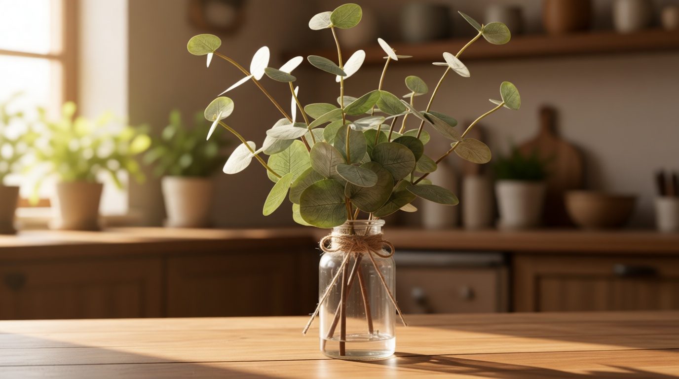 Bessol Artificial Eucalyptus Stems in Glass Vase with Faux Water, 13.5" Fake Plants for Home Decor, Coffee Table Centerpieces, Office, Bathroom & Farmhouse Weddings - Faux Greenery Plants Decorations