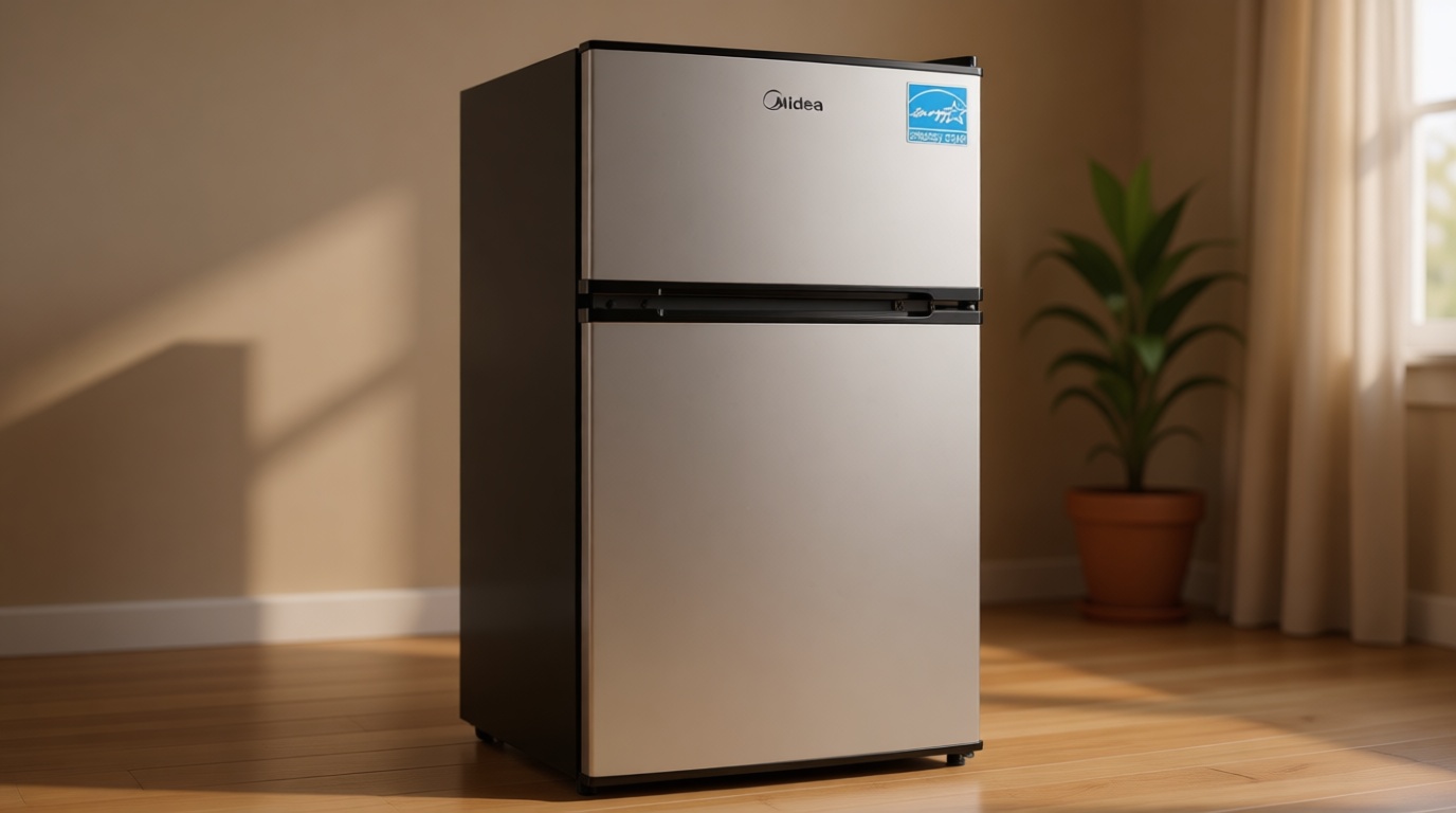 Midea WHD-113FSS1 Double Door Mini Fridge with Freezer for Bedroom Office or Dorm with Adjustable Remove Glass Shelves Compact Refrigerator, 3.1 cu ft, Stainless Steel