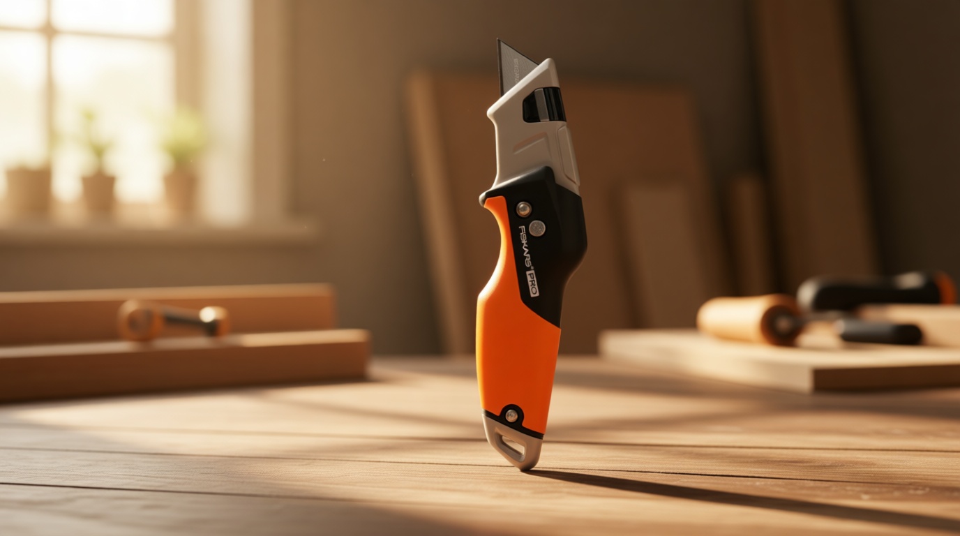 Fiskars Pro Retractable Folding Utility Knife, Box Cutter with Long-Lasting CarbonMax Razor Blade and Dual Lock Safety, Orange/Black