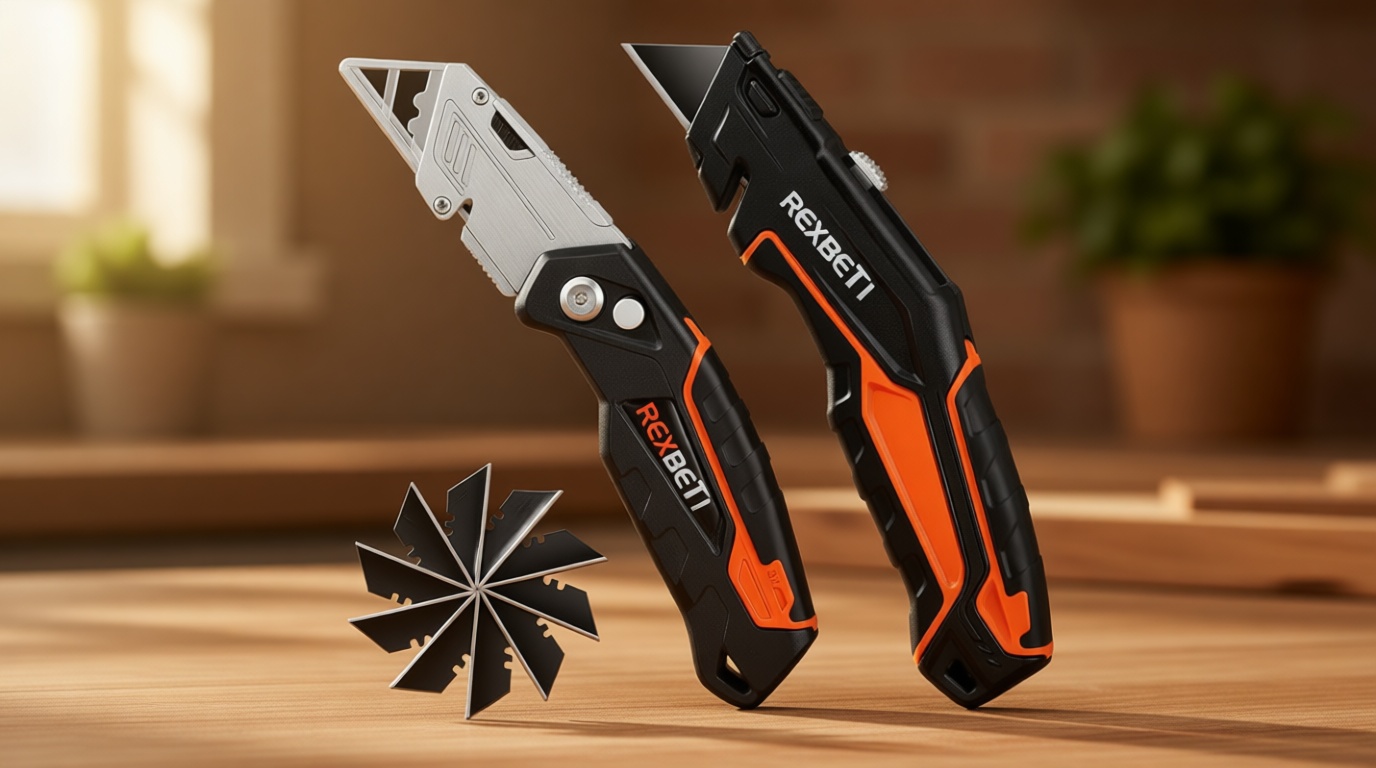 REXBETI 2-Pack Utility Knife, SK5 Heavy Duty Retractable Box Cutter for Cartons, Cardboard and Boxes, Blade Storage Design, Extra 10 Blades Included（Total 18 Blades）