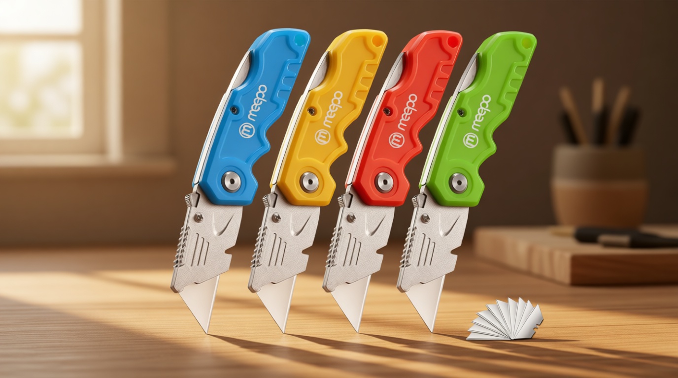 M MEEPO Box Cutter, 4-Pack Tough Folding Box Cutter for Heavy Duty Purpose, Razor Sharp Blade, Comfortable Handle, with Extra 10-Piece Blades, Can cut Drywall, Sheet Plastic, Linoleum, Boxes, Rope