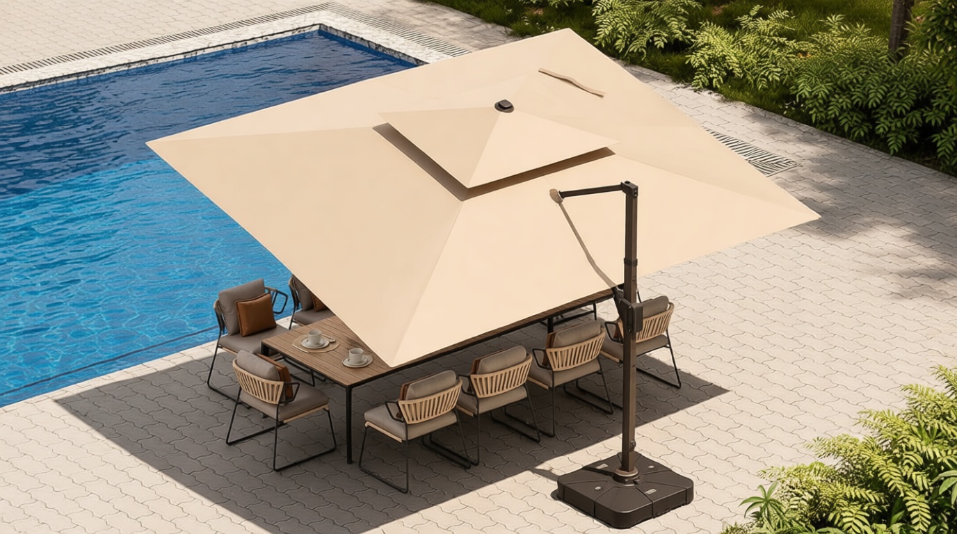 10 X 13 FT Cantilever Patio Umbrella with Led Lights and Base Included Outdoor Heavy Duty Double Top Rectangle Offset Umbrellas with 360-degree Rotation for Pool Deck Backyard, Beige