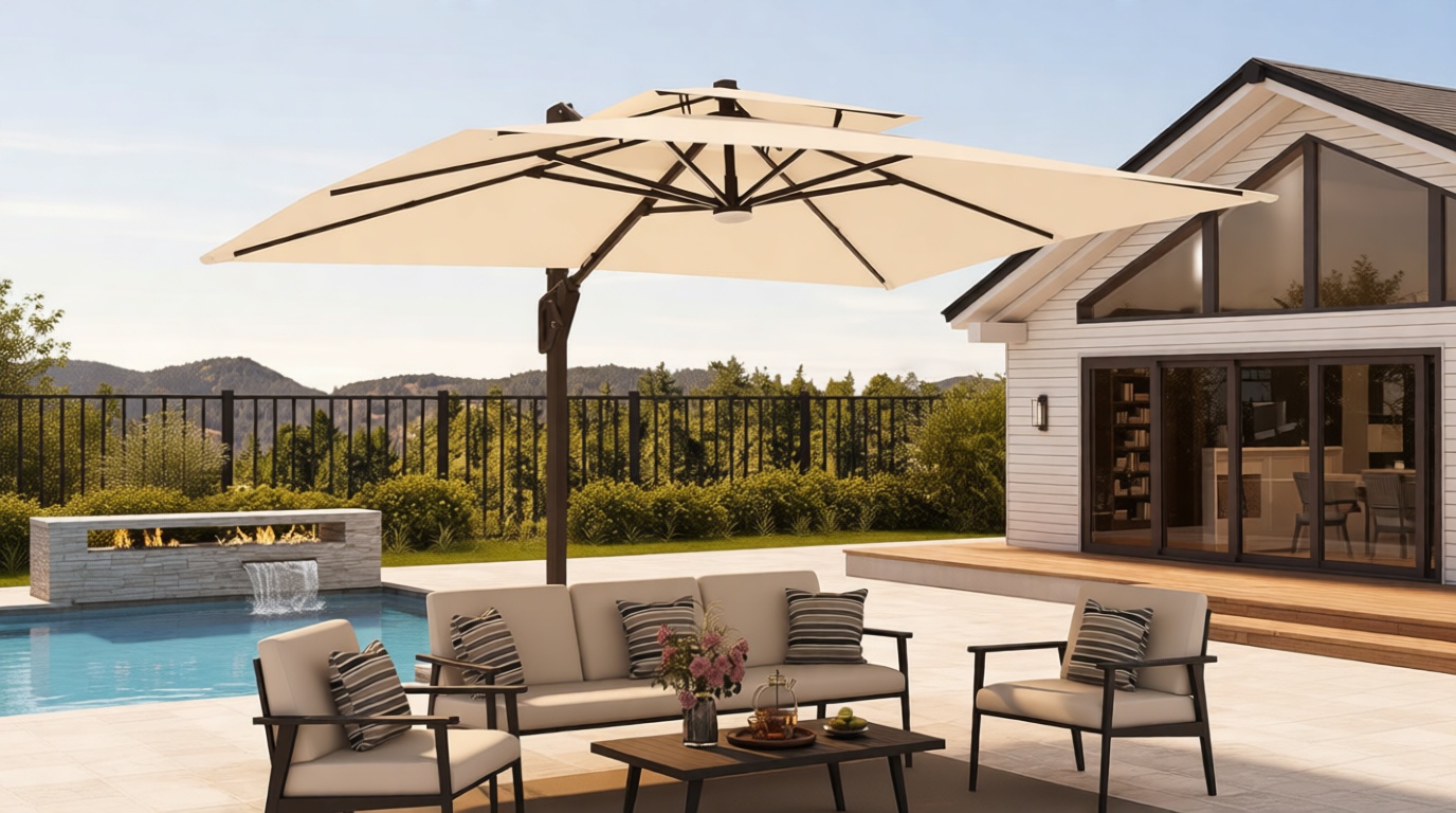 9' X 12' Patio Umbrella with Weighted Base and LED Lights Outdoor Cantilever Large Rectangle Offset Umbrellas Heavy Duty Aluminum Double Top with 360-degree Rotation for Pool Garden Deck, Beige