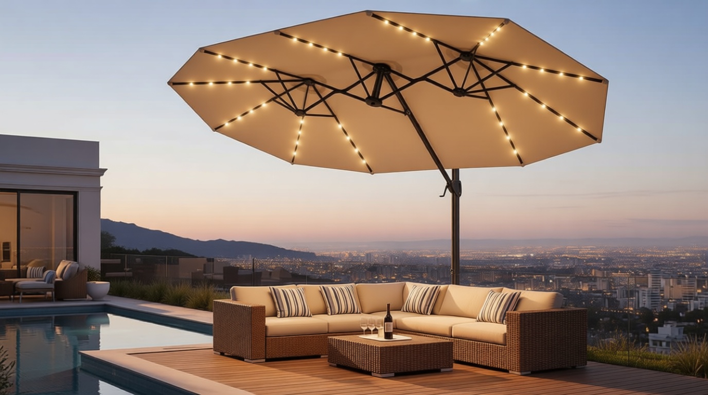HOMSHADE 15FT Cantilever Double-Sided Umbrella with Solar Light and Base, Rectangle Oversized Offset Patio Umbrellas, Extra Large Outdoor Umbrella for Pool, Deck, Garden (Beige)
