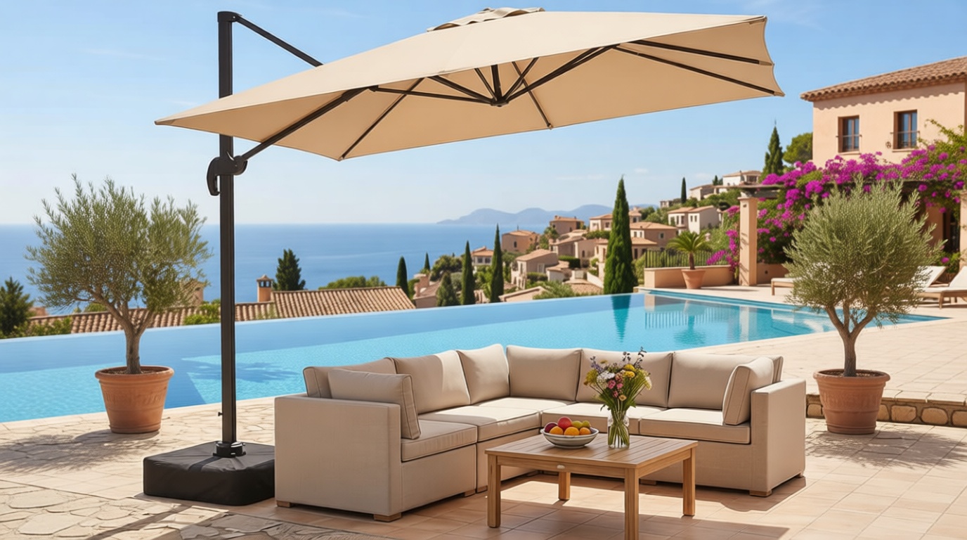 Olilawn 9' X 12' Patio Umbrella with Base Included, Large Outdoor Cantilever Offset Patio Umbrellas Rectangular Aluminum Umbrella with 360-degree Rotation & Infinite Tilt Adjustment for Garden Deck Pool Patio, Beige