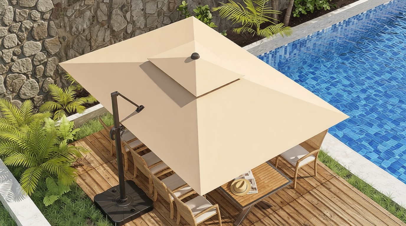 10x13FT Cantilever Outdoor Patio Umbrellas, Double Top Large Rectangle Umbrella, Heavy Duty 360° Rotation Offset Outdoor Sun Shade Umbrella for Garden Deck Pool Backyard Patio, Beige