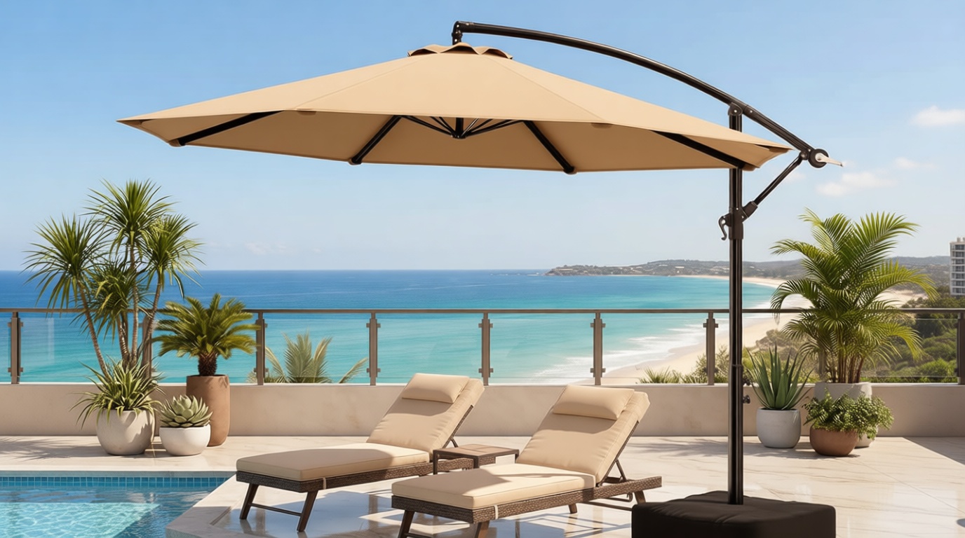 OLILAWN Cantilever Offset Patio Umbrellas, Outdoor 10 feet Large Patio Umbrella with Base Included, Upgraded Yarn-dyed Fabric Shade, Sturdy 8 Rids, 360 Degree Rotation & Easy Tilt Adjustment, for Pool Deck Porch Backyard Garden, Beige