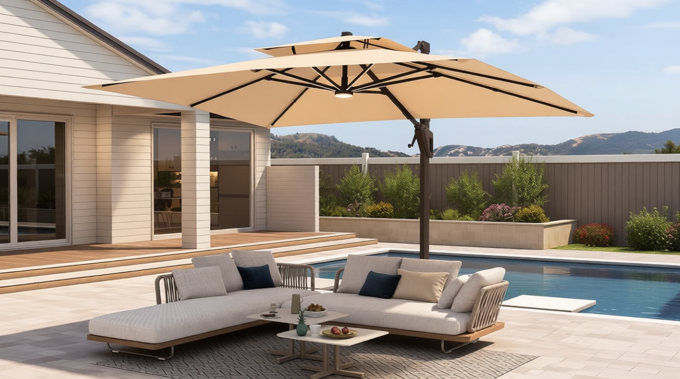 10 X 13 FT Cantilever Patio Umbrella with Base Included & Led Lights Outdoor Rectangle Offset Large Double Top Heavy Duty Umbrellas 360°Rotation for Pool Deck Backyard,Beige