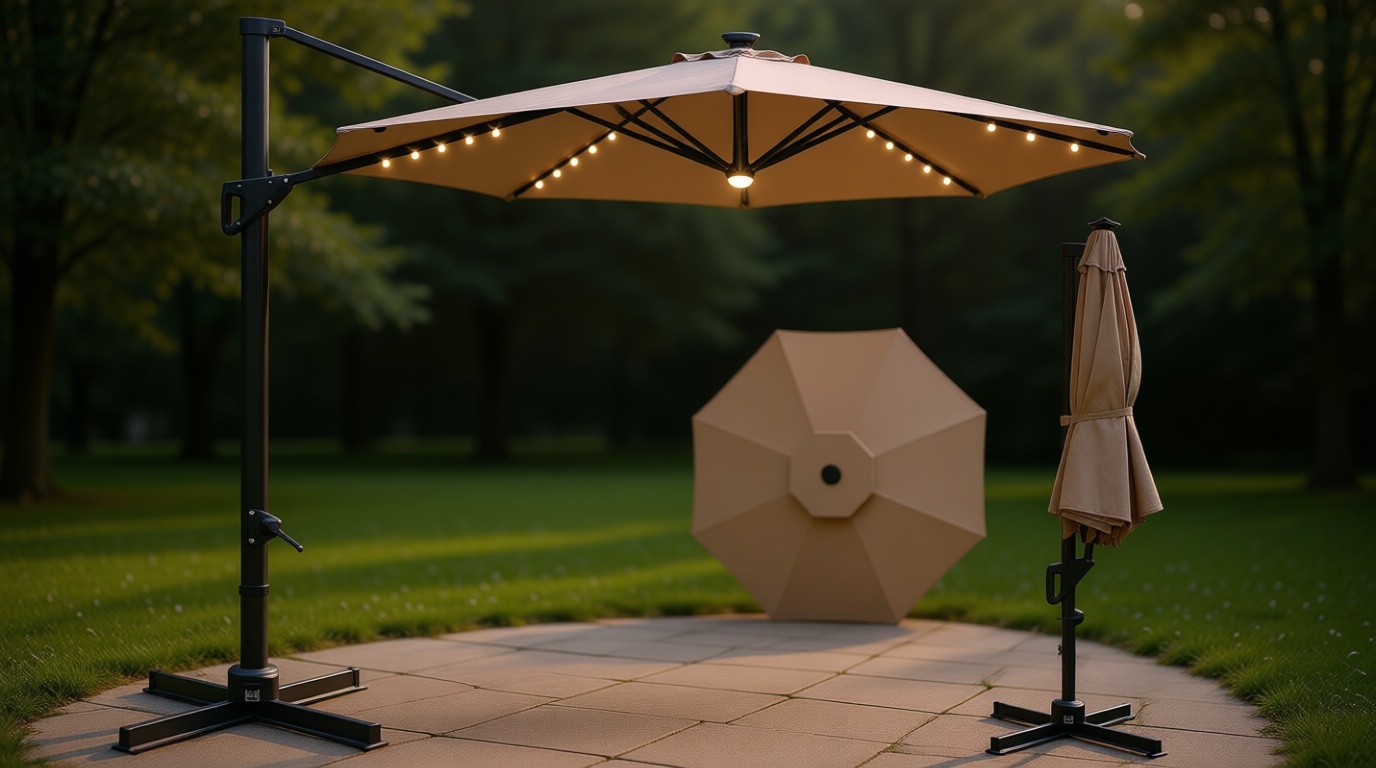Best Choice Products 10ft Solar LED Cantilever Patio Umbrella, 360-Degree Rotation Hanging Offset Market Outdoor Sun Shade for Backyard, Deck, Poolside w/Lights, Easy Tilt, Cross Base - Tan