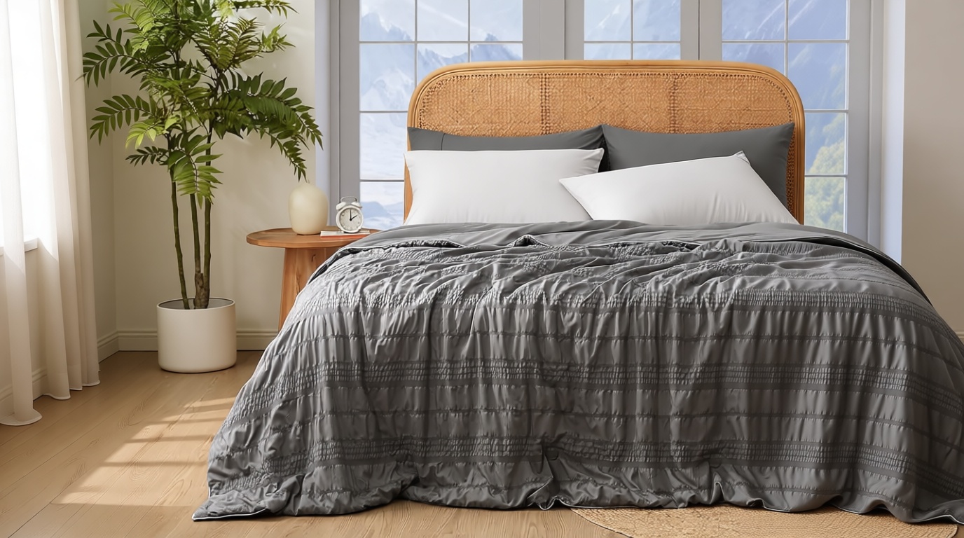 Cozy Bliss Seersucker Cooling Comforter Queen Size, Q-Max 0.45 Reversible Lightweight Cooling Blanket, Breathable Silk Smooth Summer Bedding Quilt for Hot Sleepers Night Sweats Dark Grey OEKO-TEX STANDARD 100