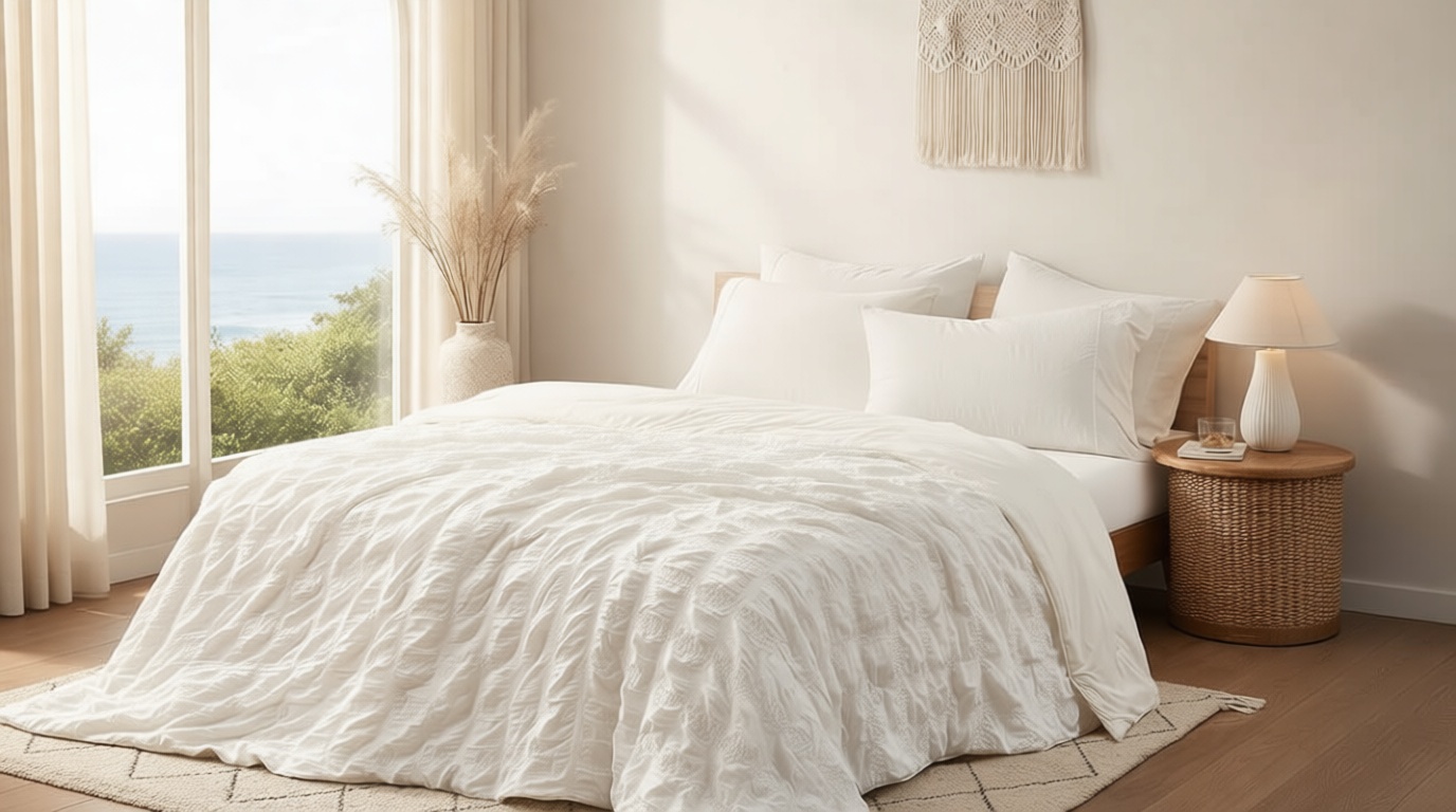 Cozy Bliss Cooling Comforter Seersucker Plaid Queen Size, Q-Max 0.45 Lightweight Cooling Blanket, Breathable Silk Smooth Summer Bedding Quilt for Hot Sleepers Night Sweats White OEKO-TEX STANDARD 100