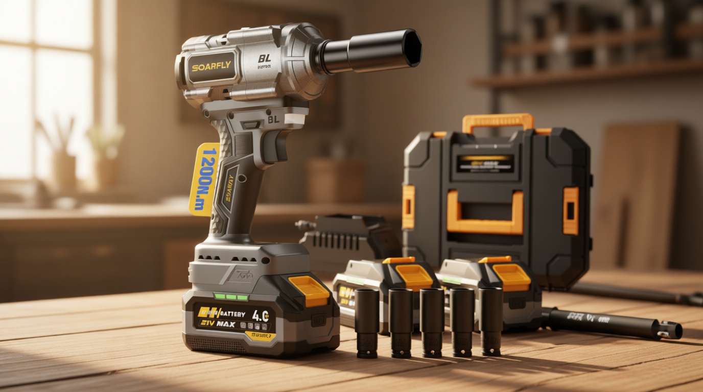 SOARFLY Upgraded Cordless Impact Wrench 1/2", 900 Ft-lbs (1200 Nm) Brushless Impact Gun, 21V High Torque Impact Driver with 2x 4.0Ah Batteries, Variable Speed for Car, Truck, Workshop, Heavy-Duty Jobs