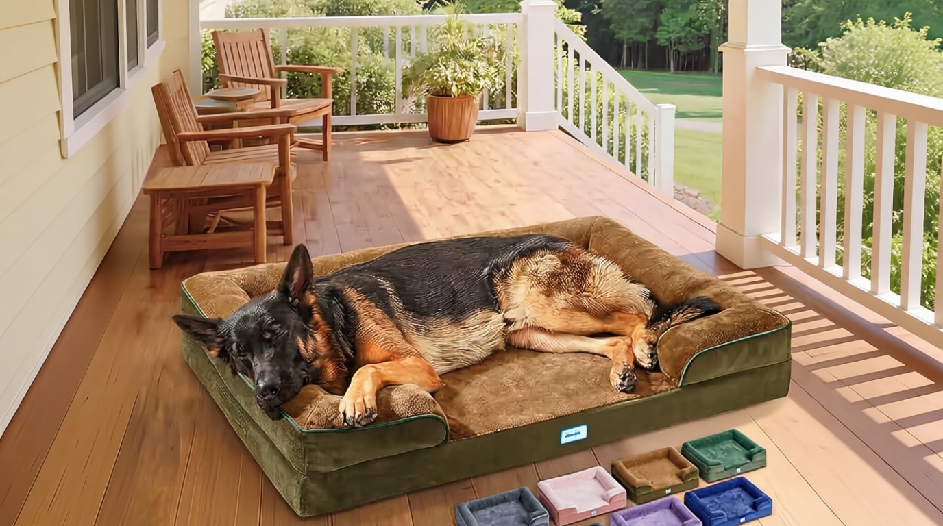 OhGeni Orthopedic Dog Bed Couch Big Cat Sofa for Extra Large Sized Pets with Memory Foam, Machine-Washable Waterproof Removable Cover, Soft Comfortable Fabric, 44-inch (Brown)