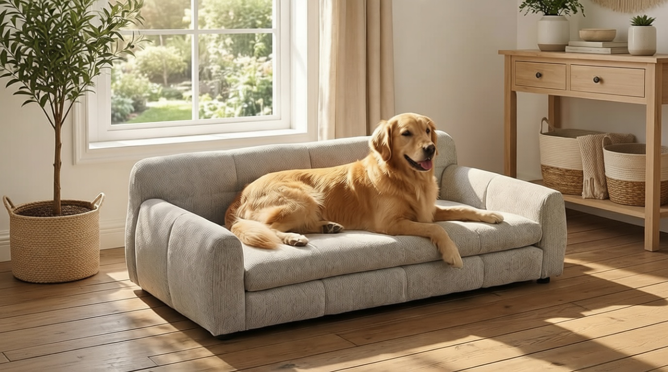 51 XL Dog Bed Couch, Elevated Large Dog Sofa with Backrest and Armrests, Soft Memory Foam Extra Large Pet Bed with Removable Cushion, Durable Linen Pet Couch Furniture, Beige