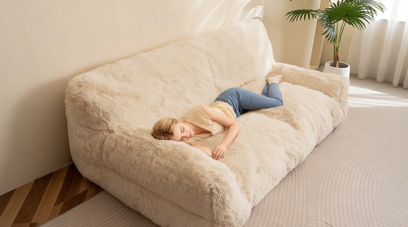 HIGOGOGO Giant Human Dog Sofa Bed, Big Comfy Floor Sofa Couch for Pet Families with Foam Chunk Supportive Mat, Fluffy Faux Fur Orthopedic Dog Bed for Human, XXXL Size, Beige
