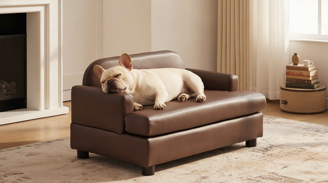 Luxury Dog Sofa Bed Elevated Pet Couch with Durable Waterproof Leather & Orthopedic Sponge - Modern Furniture Style Dog Lounge & Pet Bedside Step for Small/Medium Dogs/Cats, Brown
