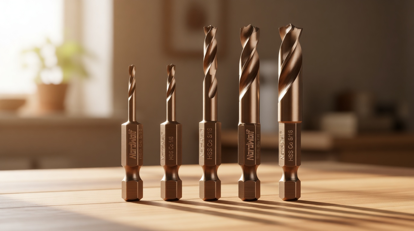 NordWolf 5-Piece M35 Cobalt Stubby Drill Bit Set for Stainless Steel & Hard Metals, with 1/4" Hex Shank for Quick Chucks & Impact Drivers, SAE Sizes 3/32"-1/8"-3/16"-1/4"-5/16" in Storage Box
