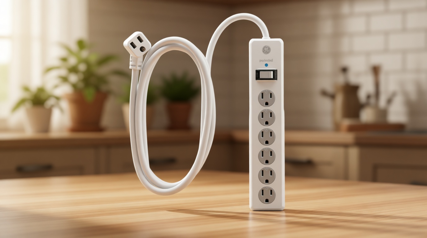 GE Surge Protector Power Strip, 10 Ft Extension Cord, 6 Outlet Extender, 800 Joules, Flat Plug, Twist-to-Close Safety Covers, ETL Listed, White, 14092