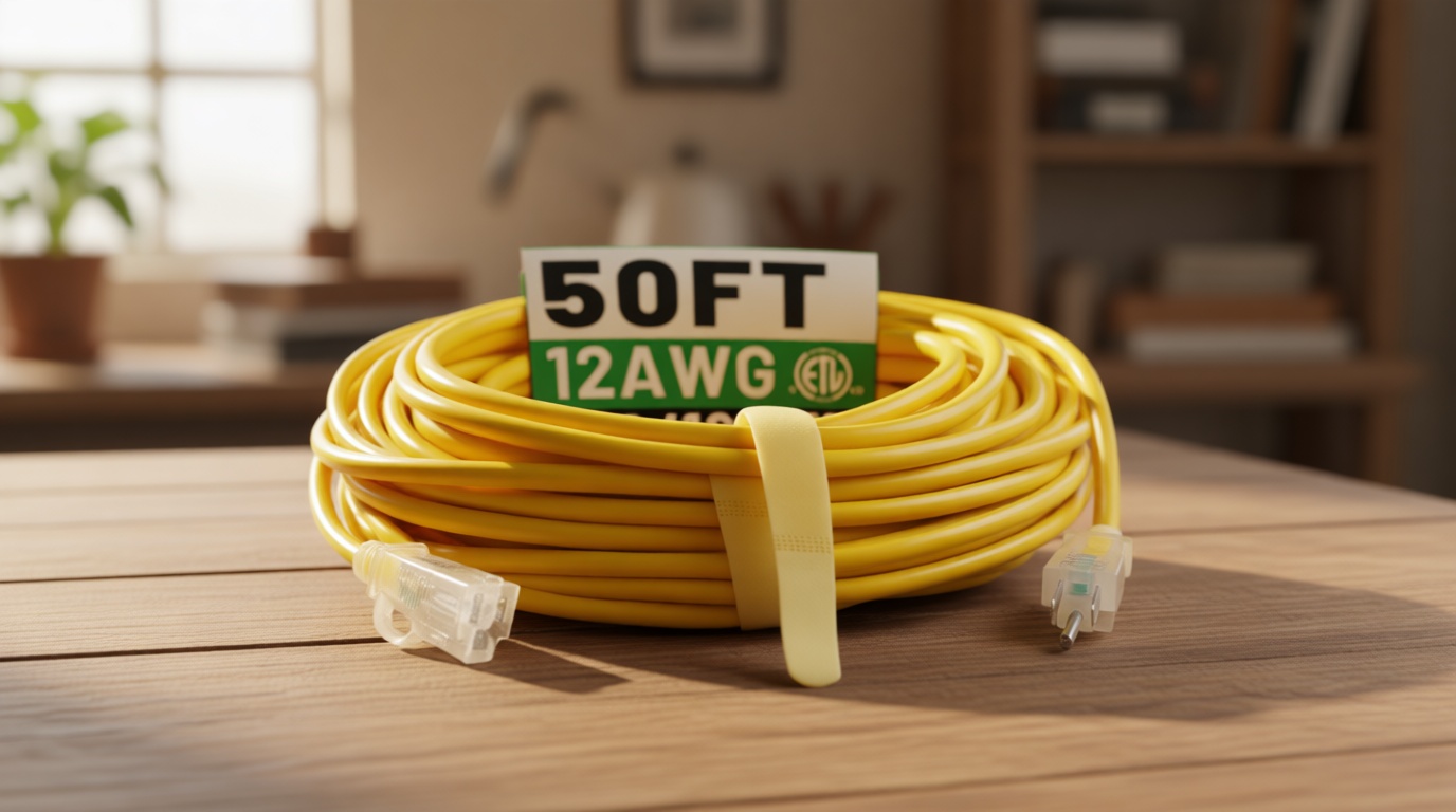 POWGRN 50 ft 12/3 Outdoor Extension Cord Waterproof Heavy Duty with Lighted Indicator End 12 Gauge 3 Prong, Flexible Cold-Resistant Long Power Cord Outside, 15Amp 1875W SJTW Yellow ETL Listed