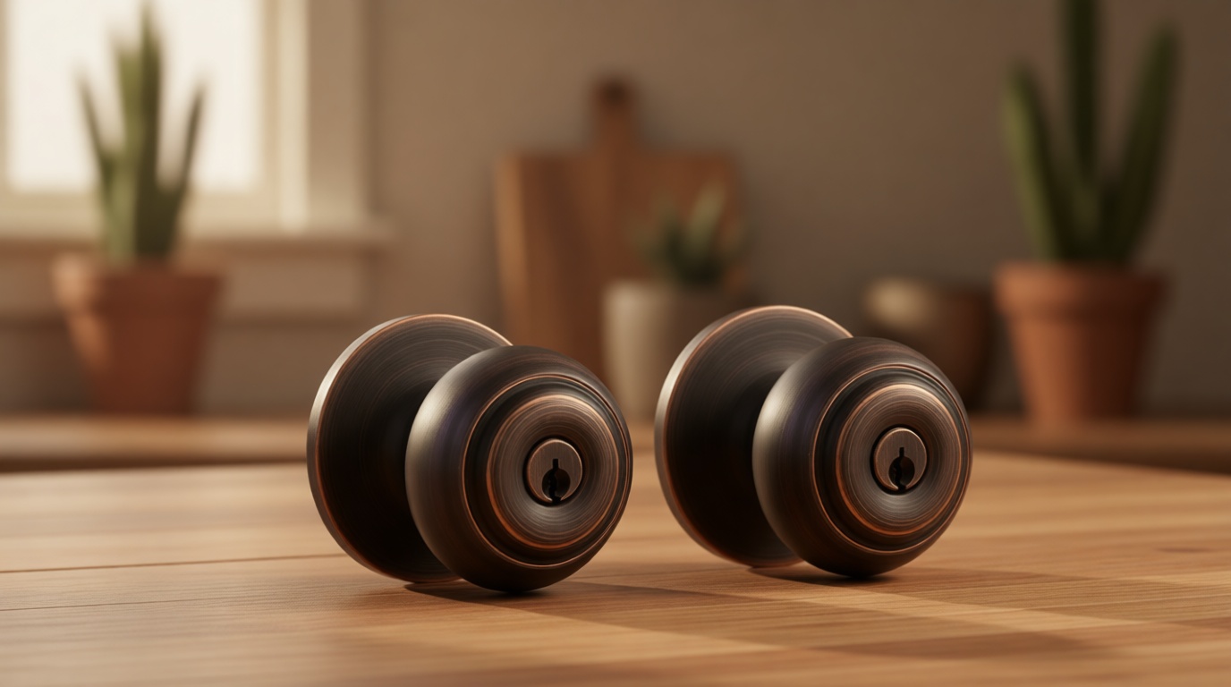 Amazon Basics Keyed Alike Exterior Knob with Key Lock and Deadbolt, Classic, Oil Rubbed Bronze, Set of 2
