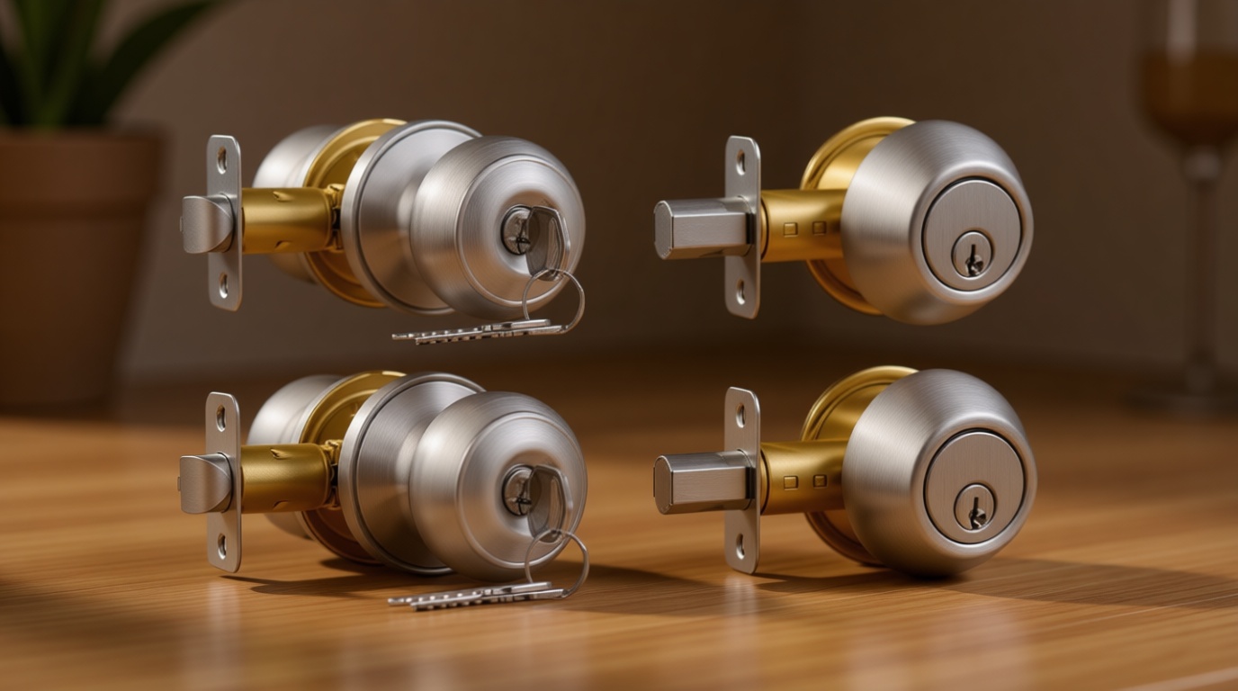 Plustool 4 Pack Exterior Door Lock Set, Satin Nickel Door Knob and Deadbolt Combo Set, Keyed Alike Entry Door Knobs with Lock&Keys, Round Ball Door Locksets with Deadbolt for Entrance and Front Door
