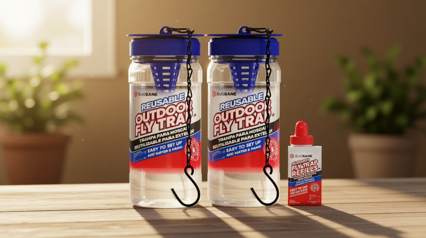 2 Fly Traps Outdoor Fly Trap for Patio with 4 Non-Toxic Dissolvable Bait Refills. Reusable Hanging Bug Catcher Killer for All Filth Flies for Outside Bug Control Yard Ranch. Hanging Chains Included.