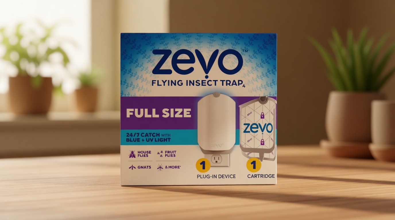 Zevo Flying Insect Trap & Cartridge - Plug in Fly Trap & Indoor Bug Catcher for Gnats, House & Fruit Flies - Mess-Free - Use in Any Room - Uses Blue & UV Light (1 Plug in Device & 1 Cartridge)