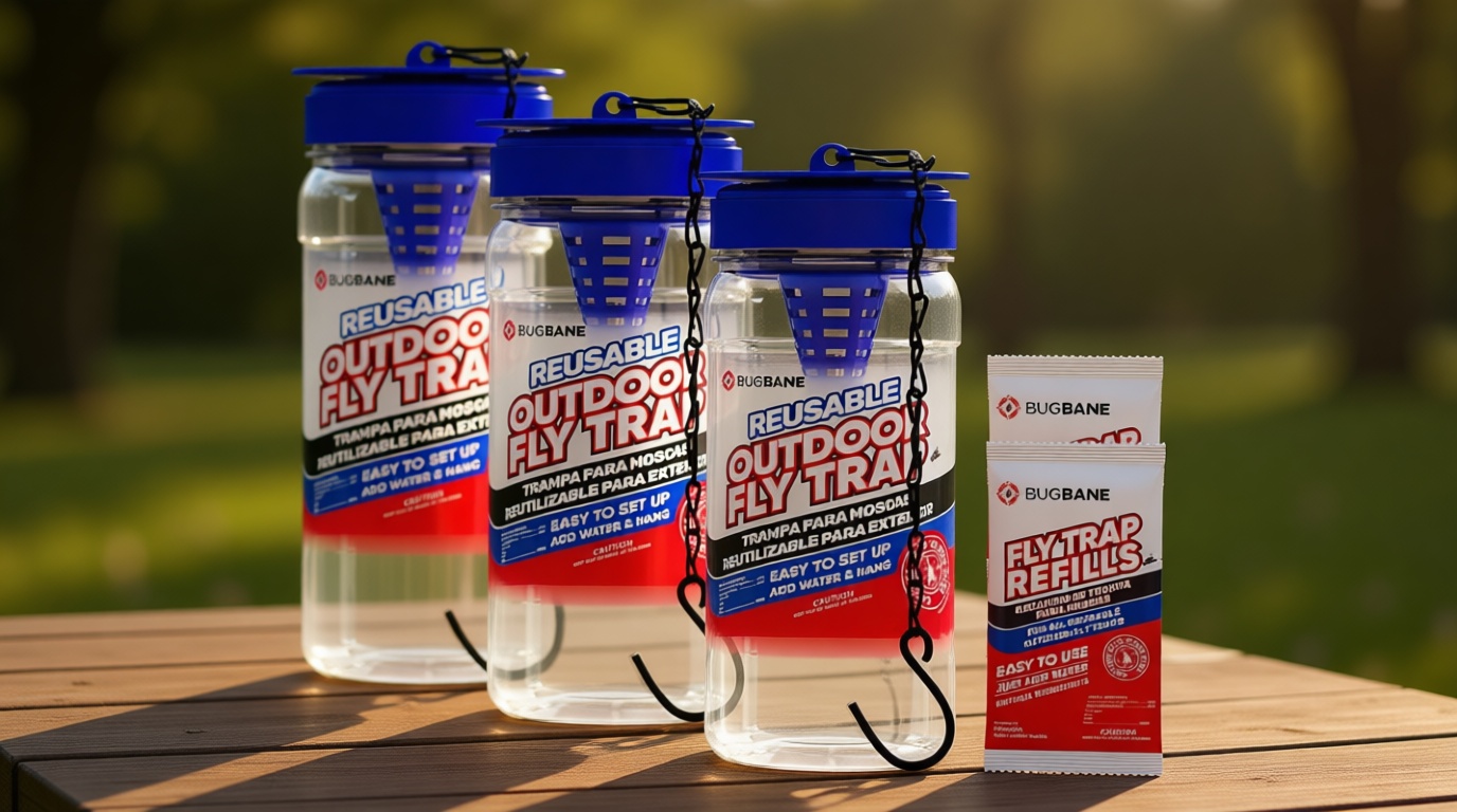 3 Fly Traps Outdoor Fly Trap for Patio with 6 Non-Toxic Dissolvable Bait Refills. Reusable Hanging Bug Catcher Killer for All Filth Flies for Outside Bug Control Yard Ranch. Hanging Chains Included.