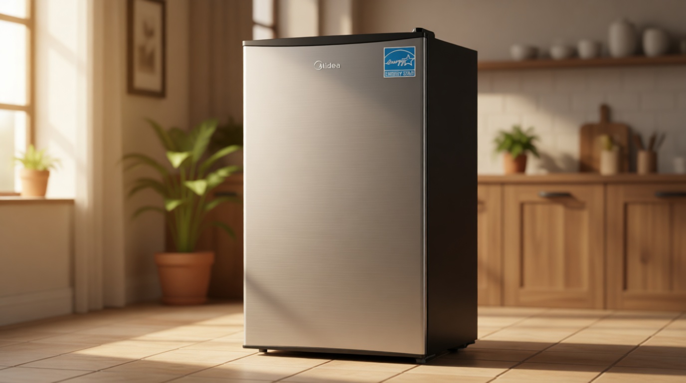Midea MERM33S1AST Mini Fridge, 3.3 Cu.ft Compact Fridge with Internal Light, Adjustable Thermostat, Reversible Door, Low Noise for Dorm, Office, Bedroom, Stainless Steel